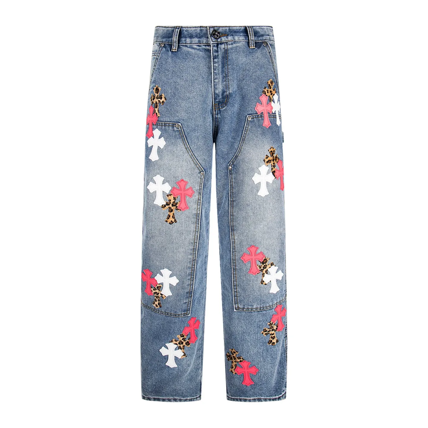 P260 Chrome Hearts | Chrome Hearts CH Chrome Hearts blue and white multi-color leather-splashed denim American work trousers. Full set of hardware molding. Hand-made tassels on the hem with frayed and damaged design. White genuine leather and then patching. Genuine Levi's jeans base plate. Disassembled and spliced. Heavy industrial washing. The upper body is stylish and handsome. The brand recognition is very clear, which greatly highlights the overall sense of style. The overall craftsmanship is impeccable. A pair of trousers. Same style for men and women. Style number: 1732# Size: 28 30 32 34 36